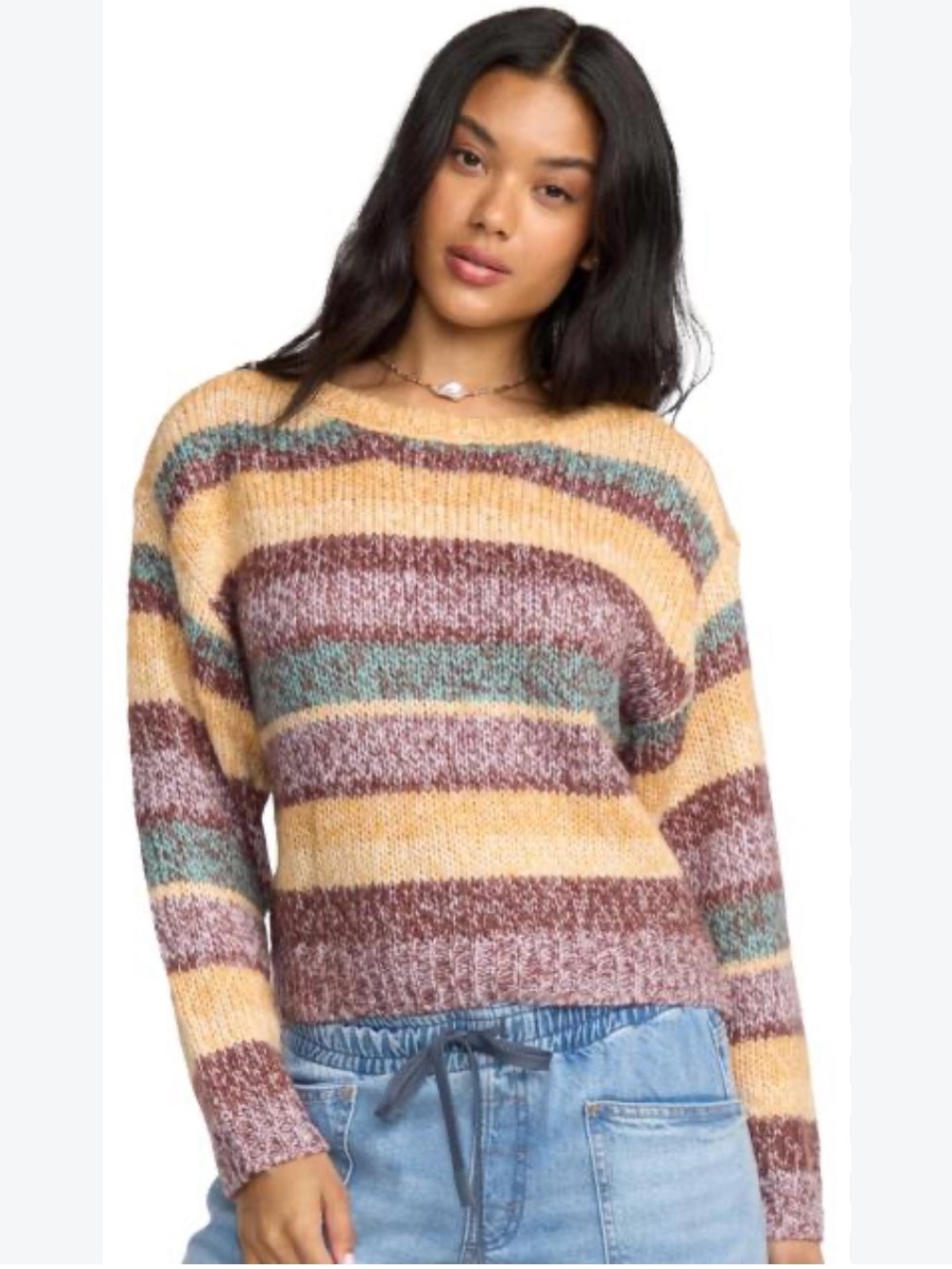 Billabong Striped Crewneck Sweater in Yellow, Brown & Teal